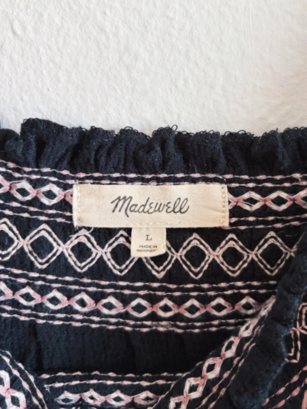 Madewell Black and Pink Embroidered Summer Peasant Blouse